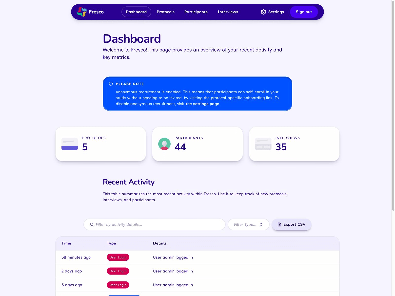 Fresco dashboard showing protocol, participant, and interview totals